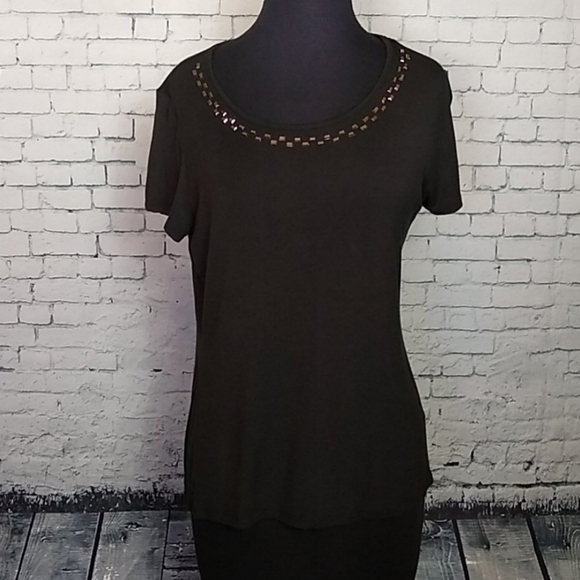 Jacqueline Smith Womens Small Black Studded Round Neck Tee T Shirt Mob Wife - Picture 9 of 9